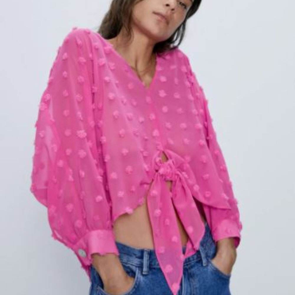 ZARA TEXTURED KNOTTED BLOUSE - M